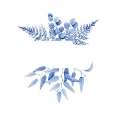 Frame of blue watercolor illustration with fern, silver dollar eucalyptus and smilax eucalyptus.