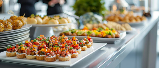 Elegant catering with canapes and snacks at a business meeting in the office.
