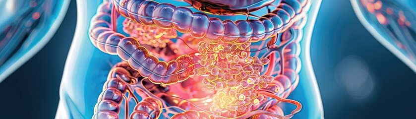 Obraz premium Detailed cutaway of the intestines, showing internal structures related to absorption and villi functions, medical illustration