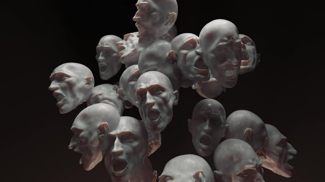 voices in my head and obsessive thoughts, 3D concept, a lot of human heads shaking and screaming