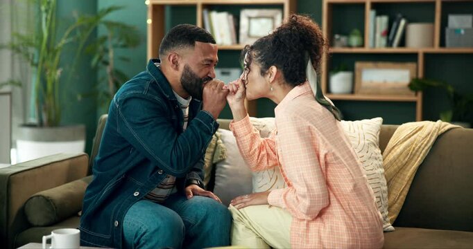 Couple, people and happy with pinky promise in sofa for fun, enjoy and love with support and trust. Home, relationship and smile or laugh with joy on couch in living room with agreement on commitment