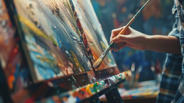 People expressing themselves doing art during an art therapy workshop, with paints, brushes, canvases. Therapeutic benefits of creativity and self-expression in mental health and emotional well-being.