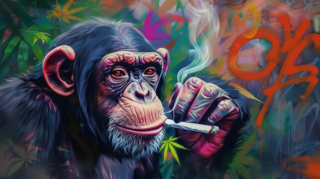 grunge background with graffiti and painted chimpanzee with cannabis cigarette.oil, color art.. 