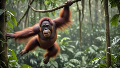 Fototapeta premium In the lush rainforests the orangutan swings effortlessly through the dense forest