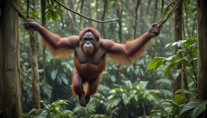Naklejka premium In the lush rainforests the orangutan swings effortlessly through the dense forest