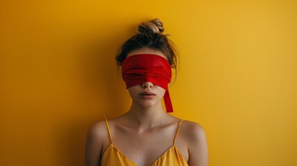 Portrait of a young woman with a red blindfold on yellow background with copy space.