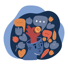 Carton vector illustration of Crypto Coin Bitcoin in head over dark background