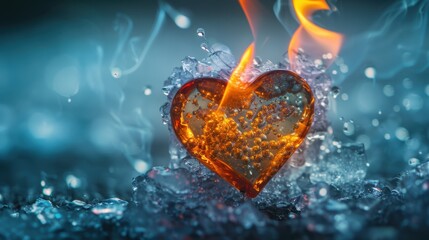 A fiery heart melting on ice with dramatic smoke effects, symbolizing passion and intense emotions.