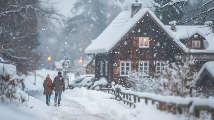 A couple walking hand-in-hand through a snowy winter wonderland, with a cozy cabin in the background.