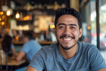 Fototapeta premium Portrait of a smiling young man in cafe