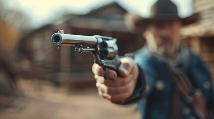 A cowboy in the Wild West aiming a revolver, capturing the rugged and tense atmosphere of a western setting.
