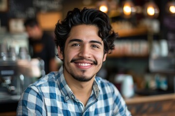 Obraz premium Portrait of a smiling young man in cafe