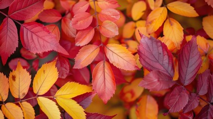 Fototapeta premium Close-up of vibrant red, orange, and yellow autumn leaves, showcasing the beauty and colors of fall.