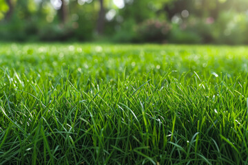Artistic Photo of Green Grass or Lawn at Sunrise or Sunset with Sunlight Filtering Through Blades, Serene and Captivating