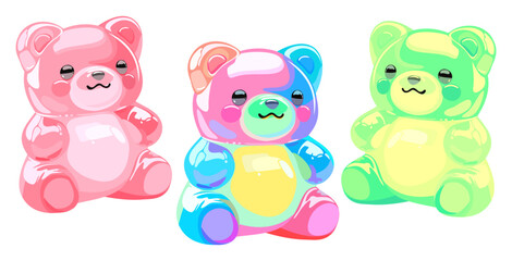 Colorful gummy bears. Jelly bear fruit gummies. Vector isolated illustration