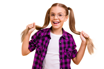 Closeup photo of little lady play with tails weekend free time wear specs checkered shirt isolated bright yellow background
