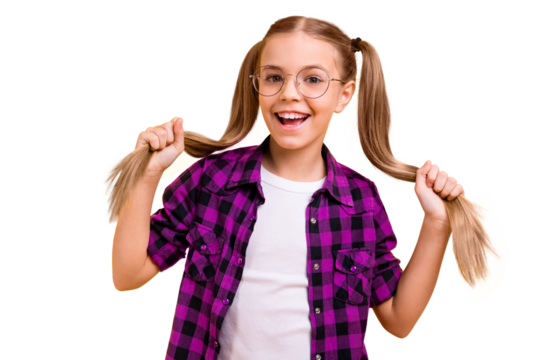Closeup photo of little lady play with tails weekend free time wear specs checkered shirt isolated bright yellow background - Powered by Adobe