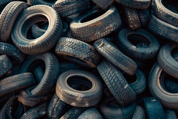 Landfill with old tires and tyres for recycling, Reuse of waste rubber tires. Worn out used wheels