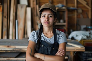 Portrait of a young female carpenter in workshop