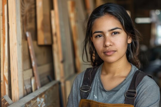 Portrait of a young female carpenter in workshop