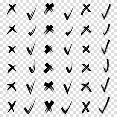 Brush hand drawn doodle checkmarks and crosses set collection. Scribble, pen sketches. Pencil hand drawn checkmarks and little crosses. Yes and no. Transparent background.