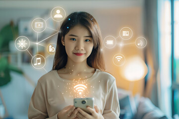 Young Woman with Smartphone and Digital Interface Icons

