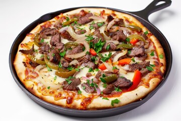 Delectable Cheesesteak Skillet Pizza with Melted Cheese and Fresh Herbs