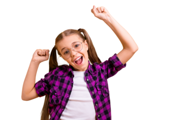 Closeup photo of little lady amazed best pupil excellent grade test wear specs checkered shirt isolated bright yellow background