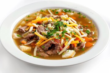Fototapeta premium Hearty Cheesesteak Soup with Beef Tenderloin and Caramelized Onions