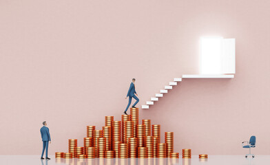 Businessman walks up using coin stacks. Business environment concept with stairs and opened door, representing career, achievement, growth and success 3D render