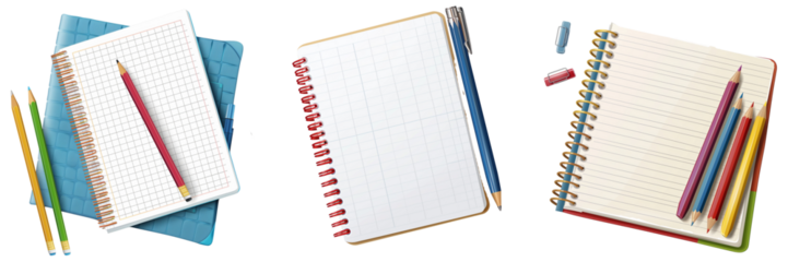 Set of school copybooks on transparent background 