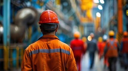 Industrial worker in an orange uniform and hard hat, viewed from behind, walking through a busy factory setting.