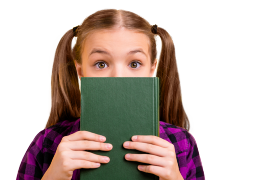 Close up photo of little lady pupil hold book hide half face pretty ponytails wear checkered shirt isolated yellow background - Powered by Adobe