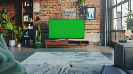 Brick wall room with green screen TV and bookshelf