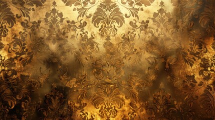 An ornate golden vintage wallpaper design featuring intricate patterns, exuding a luxurious and classic appeal.