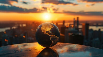 A globe sits on a ledge, illuminated by a stunning sunset with a city skyline in the background.