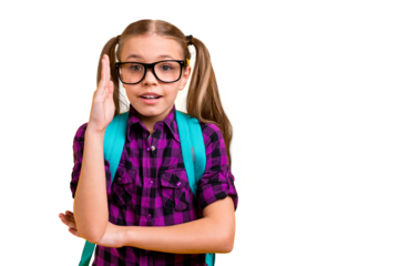 Close up photo of small lady pupil raise arm air lesson know answer wear specs casual checkered shirt isolated yellow background