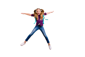 Full body photo of little pupil jump high star shape holidays wear casual checkered shirt jeans denim isolated yellow background