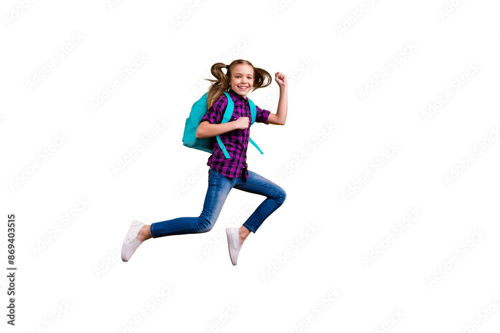 Sticker full length side photo of little pupil jump high glad return school wear casual checkered shirt jean