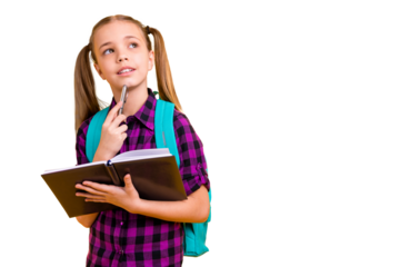 Photo of little lady diligent pupil  notepad hands imagine flight pencil chin wear casual checkered shirt isolated yellow background