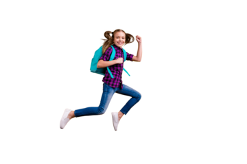 Full length side photo of little pupil jump high glad return school wear casual checkered shirt jeans denim isolated yellow background