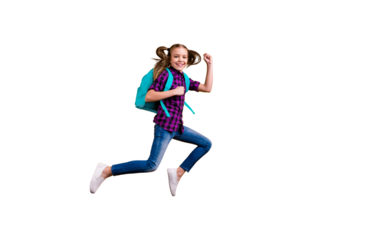 Full length side photo of little pupil jump high glad return school wear casual checkered shirt jeans denim isolated yellow background