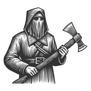 recommend clip art:  Grim Reaper executioner with Axe sketch engraving generative ai fictional character raster illustration. Scratch board imitation. Black and white image.