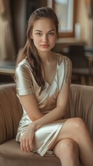 Elegant woman in a silver dress, sitting gracefully on a modern chair in a sophisticated, warmly lit room, exuding poise and charm.

