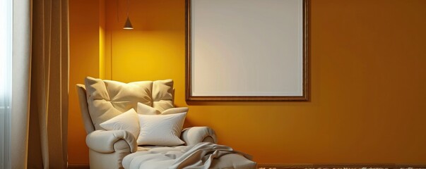 A cozy living room with a mustard yellow accent wall, a single large empty frame above a plush armchair, softly illuminated.