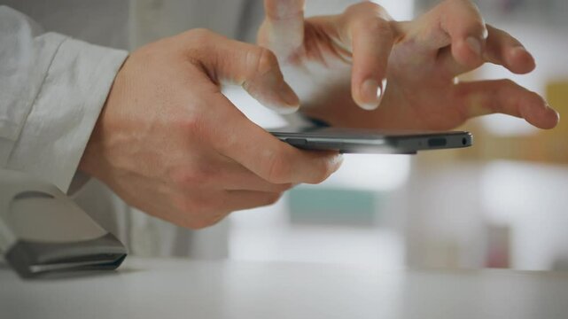 Healthcare. A pharmacist dressed in white coat holds a smartphone in his hands at a pharmacy. Cinematic shot of European worker using a touch phone to work, adhering to the rules of a pharmacy, shelf
