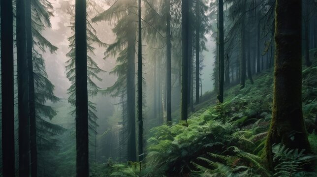 a foggy forest with tall trees and ferns