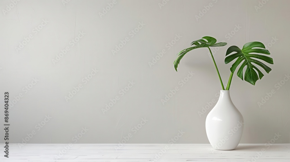 Wall mural minimalist white ceramic vase holding a single elegant monstera leaf set against a light gray backgr