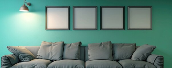 A cozy living room with a grey sofa, a teal wall featuring four empty frames arranged in a grid,...