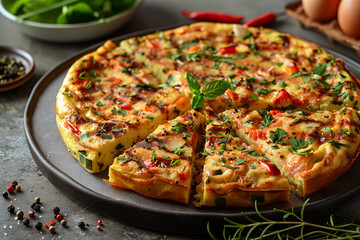 Frittata: An Italian-style omelette baked in the oven, made with beaten eggs, cheese, vegetables, and herbs.